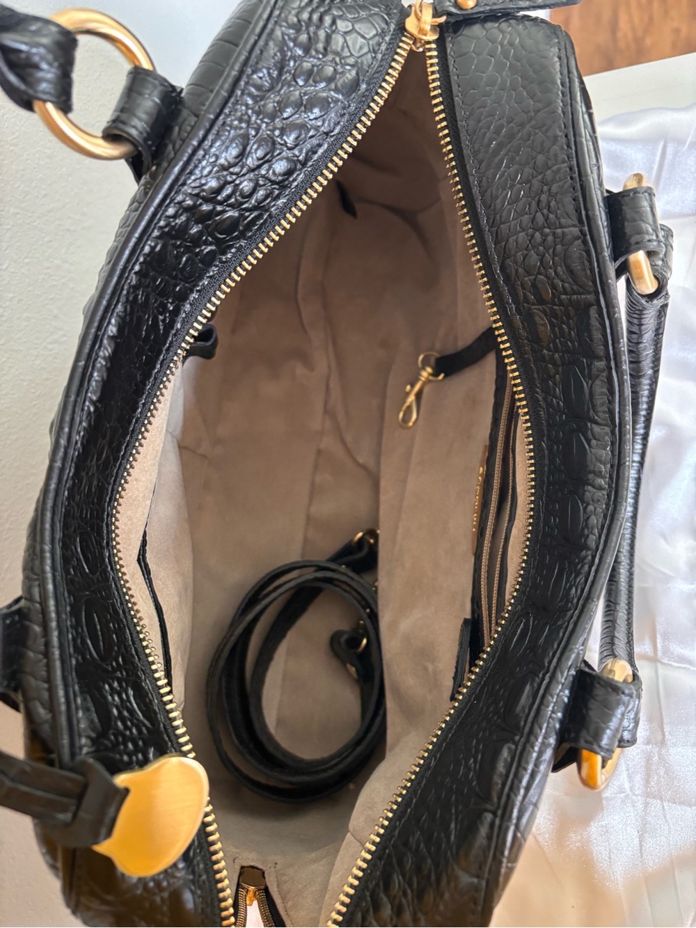 Brahmin Black Croc-Embossed Satchel with Gold Hardware - Picture 3 of 7